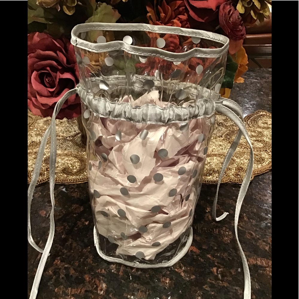 Clear Silver Poker Dot Plastic Drawstring Cylinder Bag